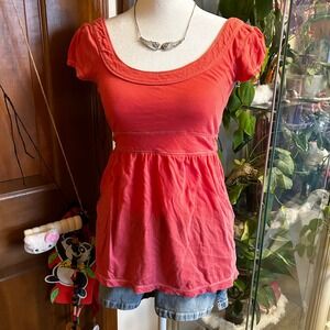 Y2K Aeropostale Coral Ruched Empire Tie Waist Short Sleeve Babydoll Women's Sz S